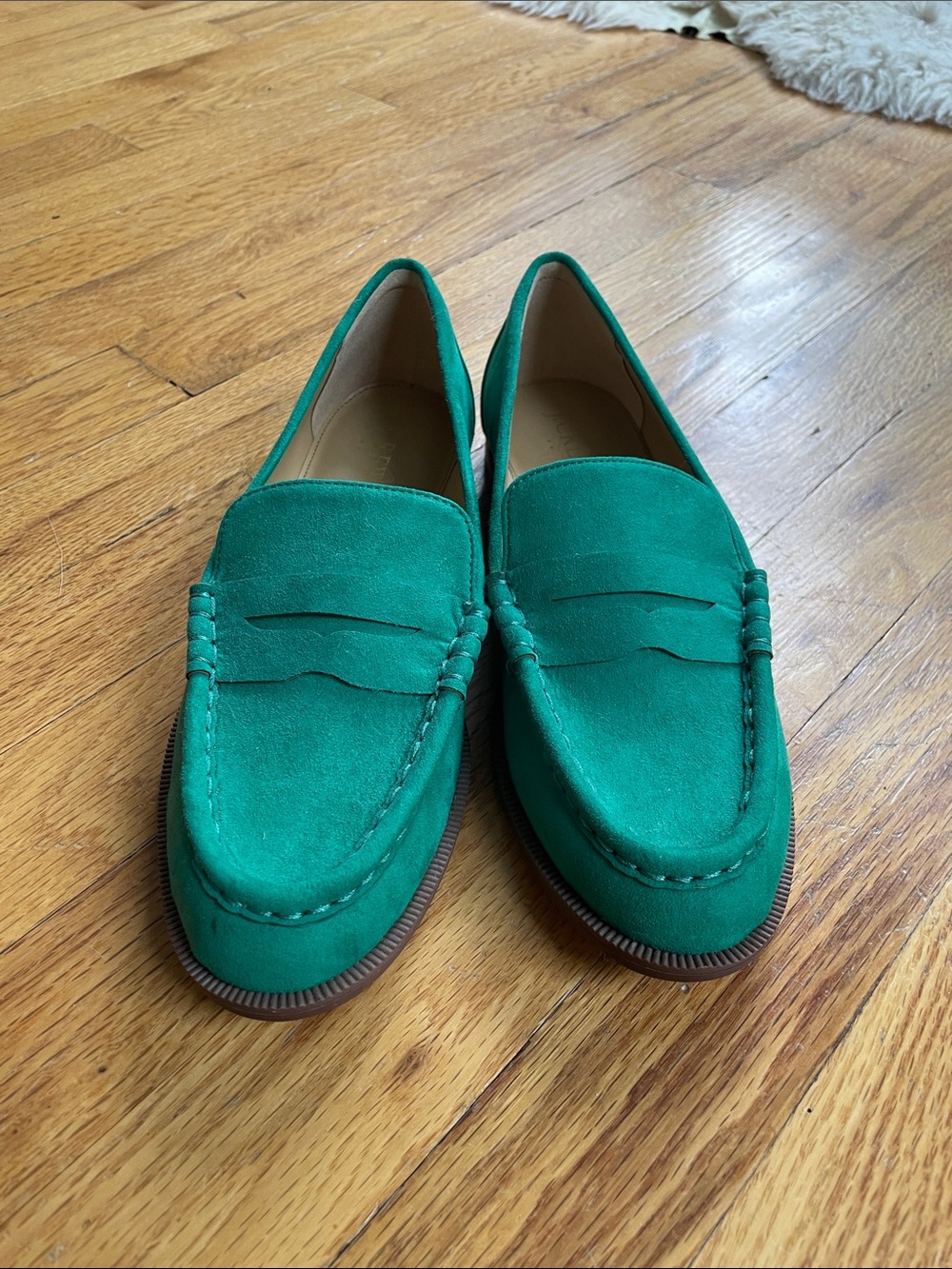 J. Crew Green Suede Penny Loafers